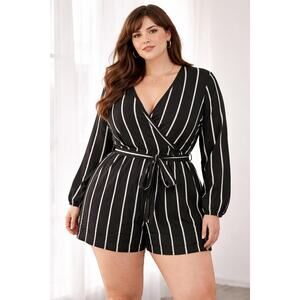 GAP Black Stripe Linen Blend Romper Jumpsuit – Size 16 – Tie Waist – Casual Chic